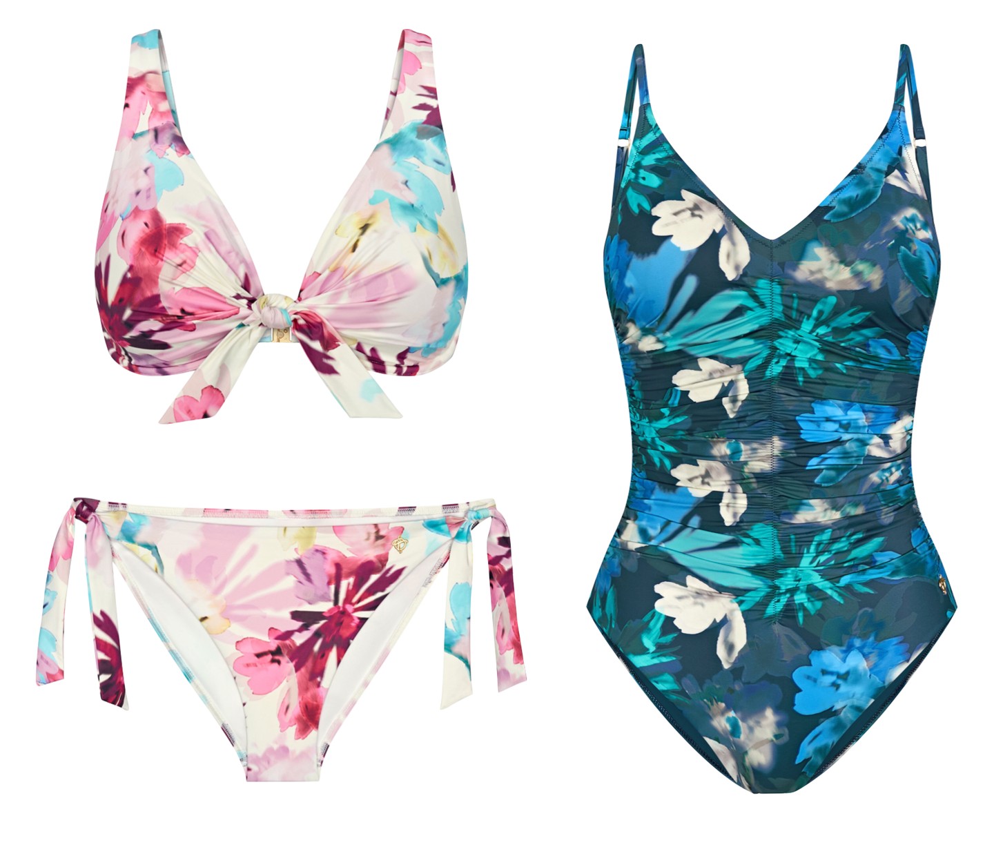 Summer Fleur kollekció bikinik és egyrészes fürdőruhák változatos fazonjaiban érhető el, amelyeket karakteres virágminták díszítenek. - Bikinifelső és -alsó és fürdőruha 17 000 Ft, 11 000 Ft, 27 000 Ft