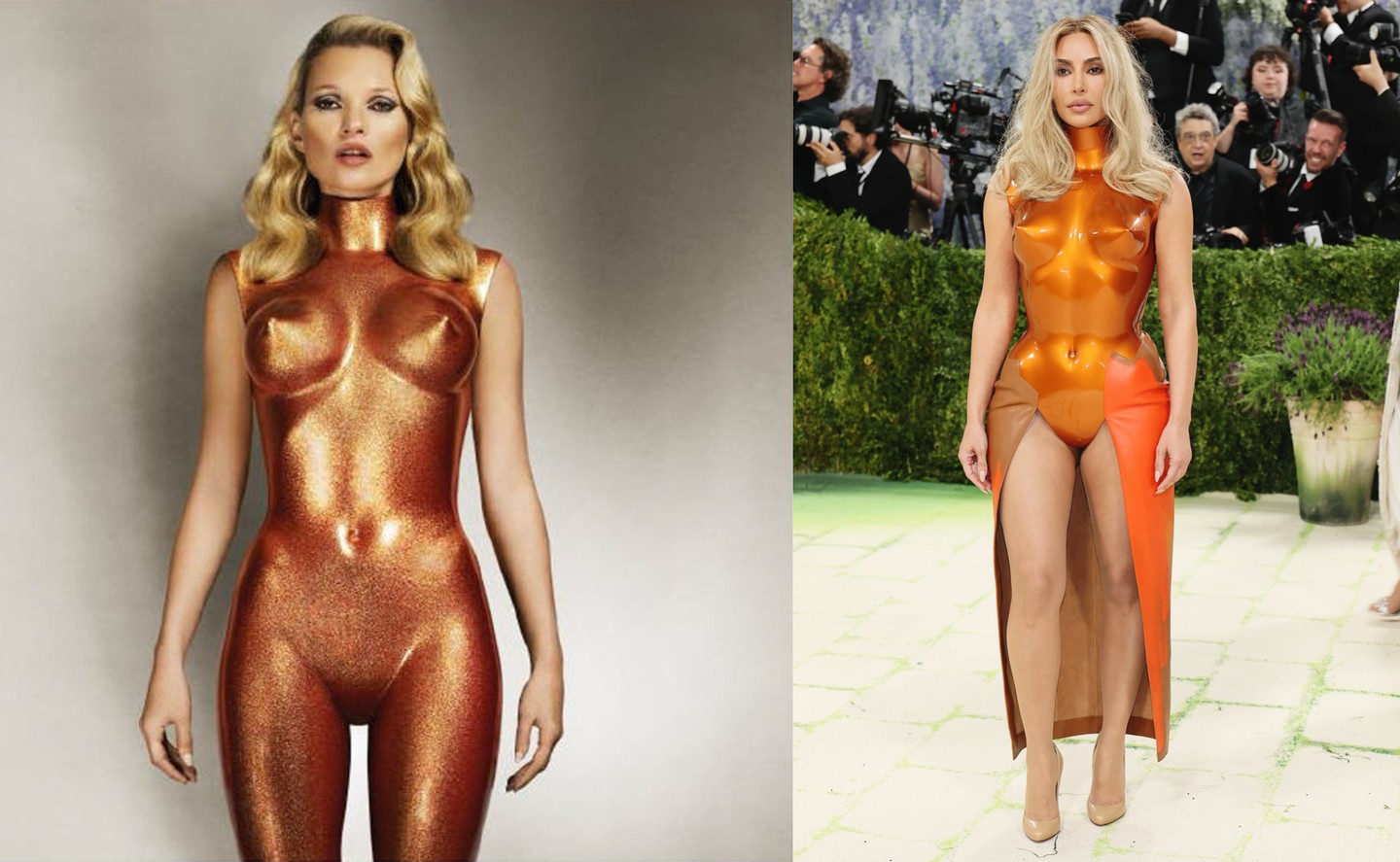 Kim Kardashian megjelenése Allen Jones Body Armour (2013) című szobrászati sorozatára utalt. A páncélzat Jones korábbi munkáiból táplálkozik, különösen az 1978-as Testpáncélból, amelyet eredetileg egy kiadatlan filmhez terveztek, majd 2013-ban Kate Moss fotózásán vált világhírűvé. A legendás Whitaker Malem művészpáros (Patrick Whitaker és Keir Malem) Jonesszal együttműködve öntötte formába a mellvértet, amelyhez egy kézzel festett, bőrszoknya kapcsolódott. Ez a szett kevésbé szólt az öltözködésről, mint inkább a test művészi újraalkotásáról és a pop-art határainak feszegetéséről.