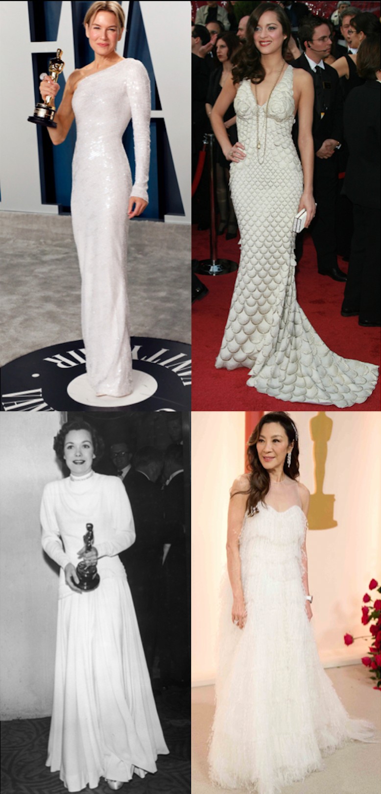 Ezt követi a fehér, a második legtöbbször ismétlődő szín, ami a vörös szőnyegen megjelent, és valljuk be, nagyon jól mutatott minden alkalommal. 2020 Renée Zellweger, 2008 Marion Cotillard, 1949 Jane Wyman, 2023 Michelle Yeoh