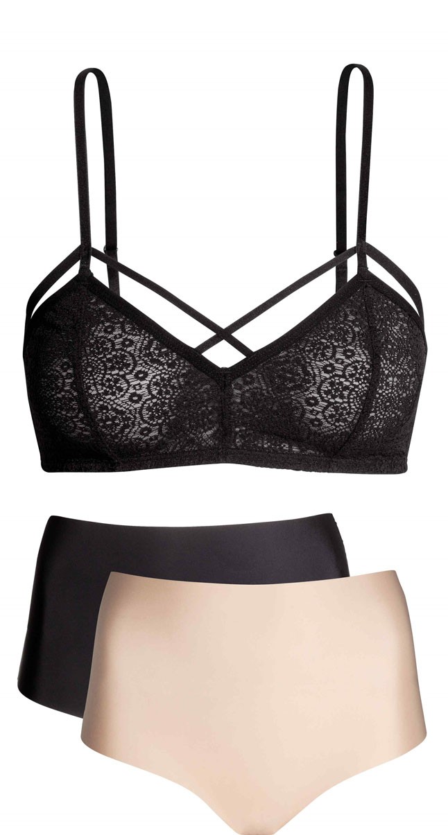 Csipke melltartó H&M 3990 Ft helyett 3190 Ft, alakformáló bugyi H&M 3990 Ft/2 db helyett 3190 Ft/2 db helyett 