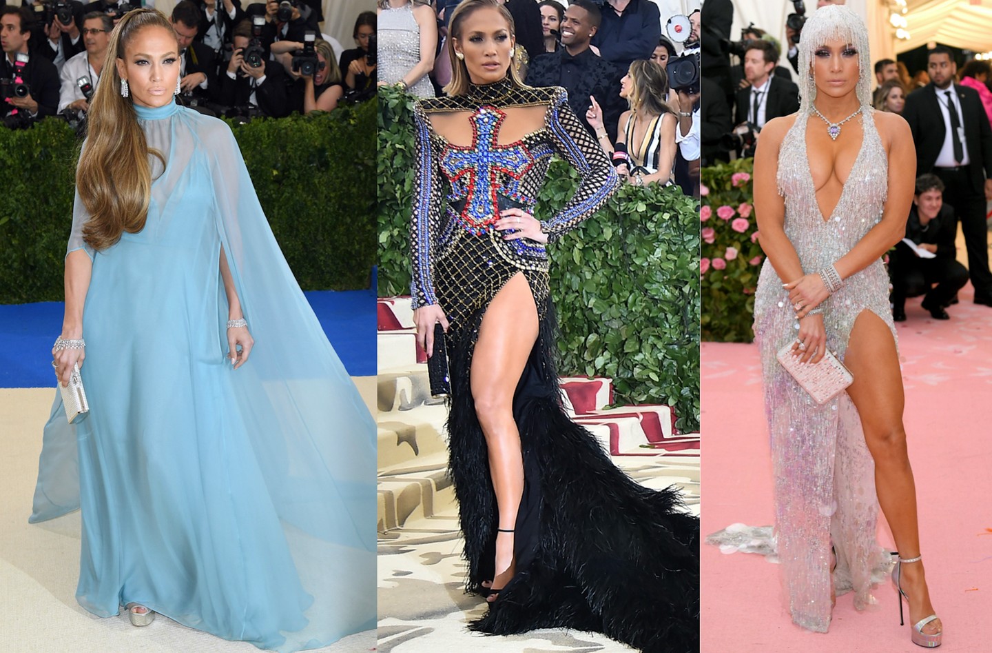 Jennifer Lopez tudja, hogyan kell feltűnést kelteni. (Balról jobbra) 2017 Valentino ruha, 2018 Balmain ruha, 2019 Versace