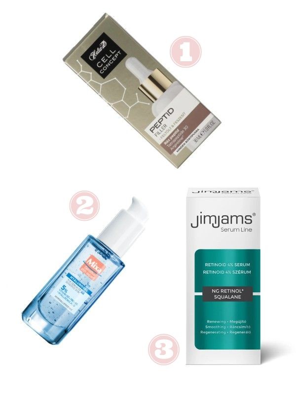 1. Cell Concept peptides szérum HELIA-D 3999 Ft/30 ml a Rossmann üzleteiben és online, GLAMOUR kuponnal, 35% kedvezménnyel 2599,35 Ft 2. Hyalurogel szérum MIXA 4199 Ft/30 ml a Rossmann üzleteiben és online, GLAMOUR kuponnal, 30% kedvezménnyel 2939,3 Ft 3. Serum Line retinoid szérum JIMJAMS 2999 Ft/30 ml a Rossmann üzleteiben és online, GLAMOUR kuponnal, 25% kedvezménnyel 2249,25 Ft