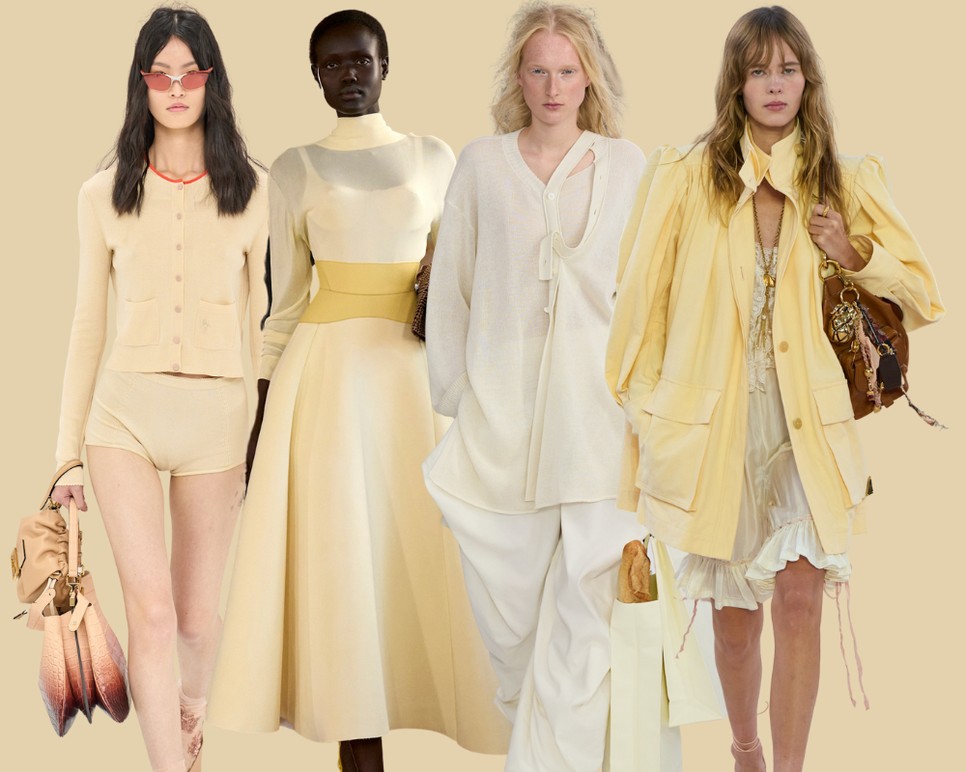 A vajsárga 2025-ben a lassú reggeleket idézi. Fendi, Jacquemus, Issey Miyake, Chloe