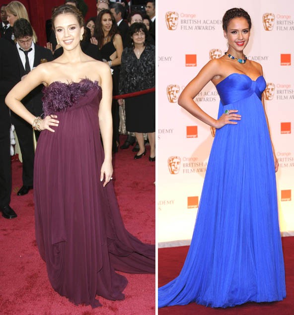 2008-ban Oscar de la Renta ruhában, 2011-ben Versacéban jelent meg nagy pocakkal és sikkesen a vörös szőnyegen. Persze mindkét estélyi uszályos volt.