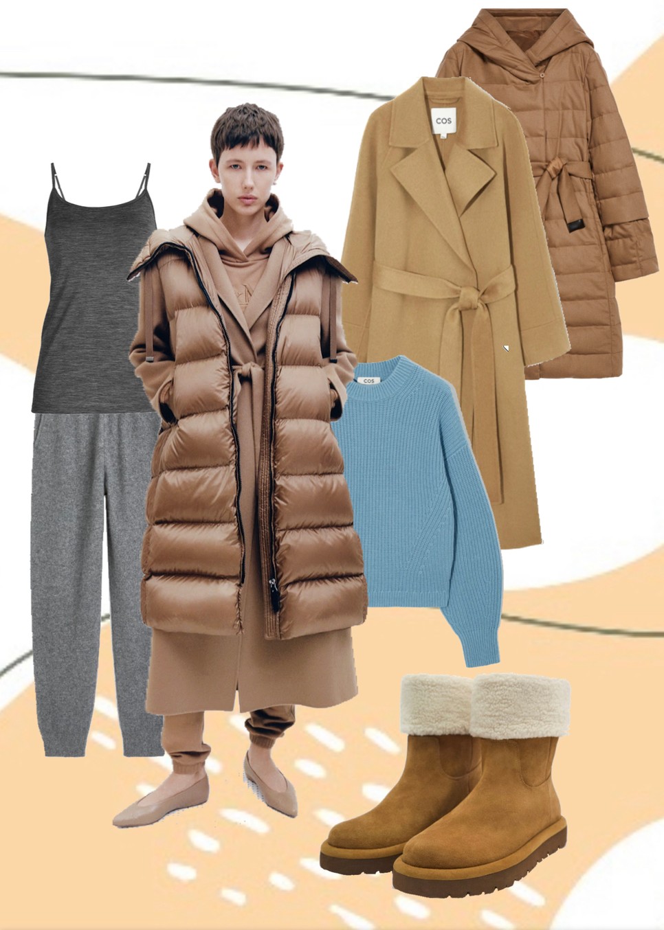 Beépített melltartós gyapjú atléta ICEBREAKER-Mountex 19995 Ft, Gyapjú nadrág OYSHO 65995 Ft, Fotó MAX MARA maxmara.com, Kasmír pulóver és gyapjú kabát COS cos.com, Steppelt kabát MAX MARA maxmara.com