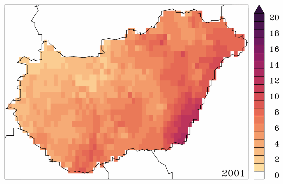 1. ábra: A téli hideg- és melegrekordok a 2001-2020 időszakban. Zöld vonal jelöli a változatlan éghajlatot feltételező értékeket, fekete x pedig azt, amikor az országban egyetlen napon sem volt rekorddöntés a tél folyamán. A szerzők ábrája.