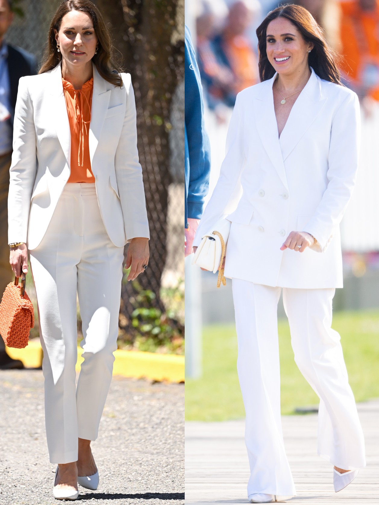 Meghan Markle az Invictus Games-en mutatta meg, hogy kell hordani egy fehér öltönyt. Bő nadrágját egy túlméretezett blézerrel párosította, ami modernebbé tette a szettet. Katalin egy karibi körútja során viselt hasonló összeállítást, ám a szabás ezt egy jóval klasszikusabb színben tüntette fel.