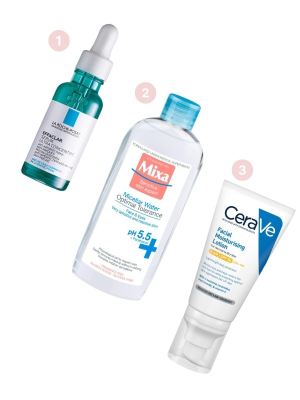 1. Effaclar ultra-koncentrált szérum LA ROCHE POSAY xxxx Ft/xx ml 2. Optimal Tolerance micellás víz MIXA 2199 Ft/400 ml (5,49 Ft/1 ml) 3. Fényvédős hidratáló arckrém SPF50 CERAVE xxxx Ft/50 ml