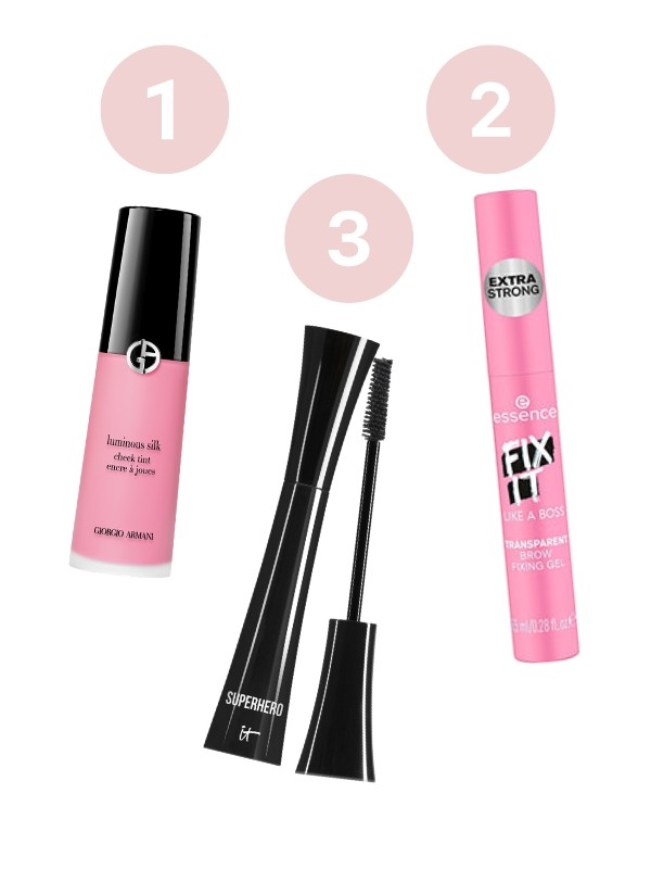 1. Luminous Silk Cheek Tint folyékony pirosító GIORGIO ARMANI 30 000 Ft/12 ml 2. Superhero szempillaspirál IT COSMETICS 13 490 Ft 3. Fix It Like A Boss szemöldök zselé ESSENCE 1139 Ft