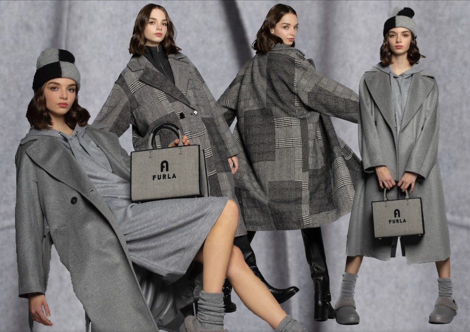 Balról jobbra: 1. Kasmír köpenykabát és kapucnis ruha WEEKEND MAX MARA, sapka ZARA, Táska FURLA, Zokni CALZEDONIA, Papucs OYSHO 2. Patchwork kabát DESIGUAL, Maxi pulóver COS, Combcsizma H&M