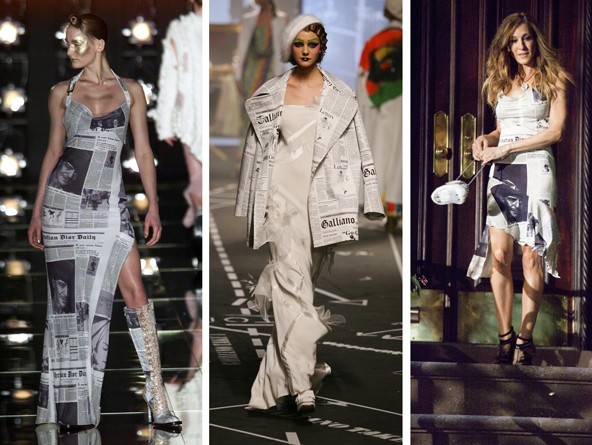 A "Galliano újság" először 2000-ben jelent meg ruháin, de többször, pl. 2005-ben is visszatért az ötlet. A Szex és New York 2. mozifilmben Sarah Jessica Parker is  viselt ilyen ikonikus újságruhát. 