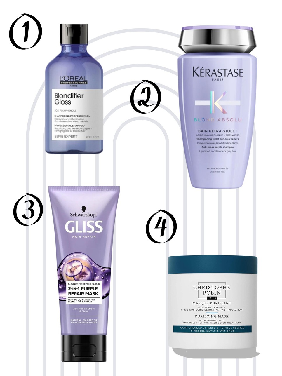 1.Blondifier regeneráló sampon szőke hajra L’OREAL 6530 Ft/ 300 ml (22 Ft/ 1 ml) 2. Bond Absolu Bain Ultra Violet Sampon 9290 Ft/50 ml (37/ 1 ml) 3. Hamvasító 2 az 1-ben hajpakolás Blonde Perfector GLISS 1799 Ft / 200ml (8,99Ft/ 1 ml) 4. Tisztító maszk termál iszappal CHRISTOPHE ROBIN 14 200 Ft / 250 Ft ( 56,8 Ft/ 1ml)