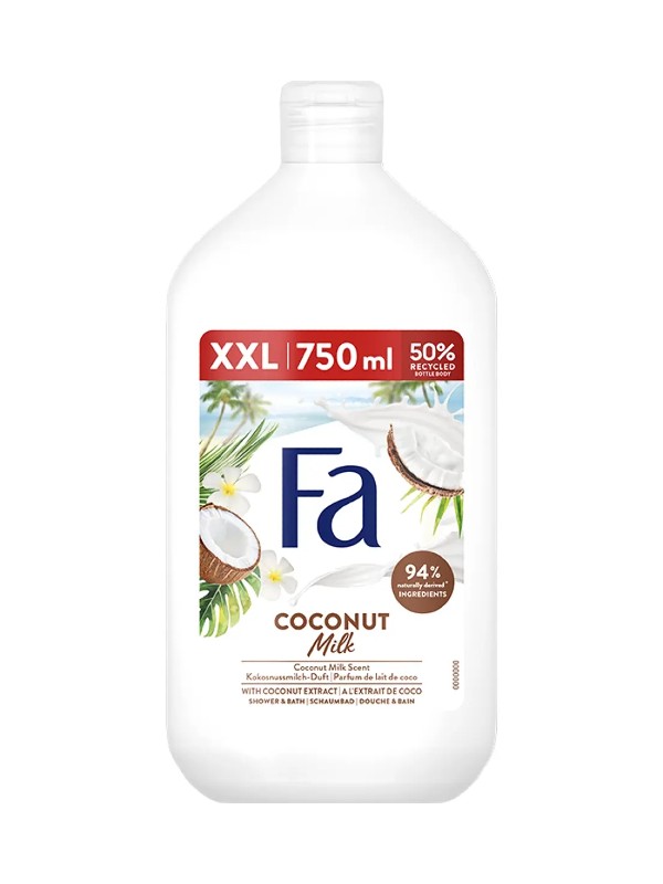 Coconut Milk tus- és habfürdő FA 2199 Ft/750 ml (2,93 Ft/1 ml) a Rossmann üzleteiben és online, GLAMOUR-napok Summer Week kuponnal, 30% kedvezménnyel 1539,3 Ft