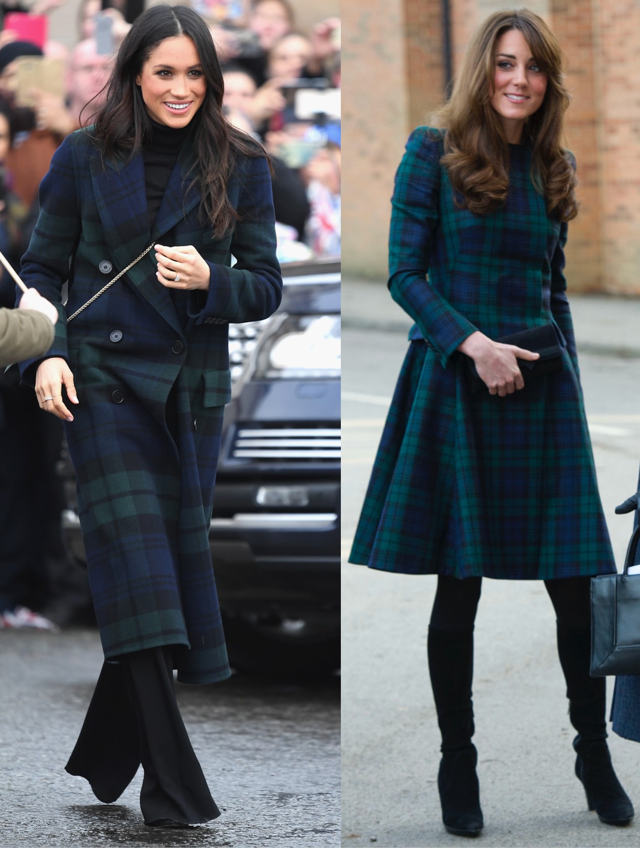 A királyi család szereti a tartan mintát. Meghan Markle első hivatalos skóciai látogatása alkalmával egyenes szabású kockás kabátban jelent meg. Katalin hercegné pedig már 2012-ben is inkább a nőiesebb szabást választotta.