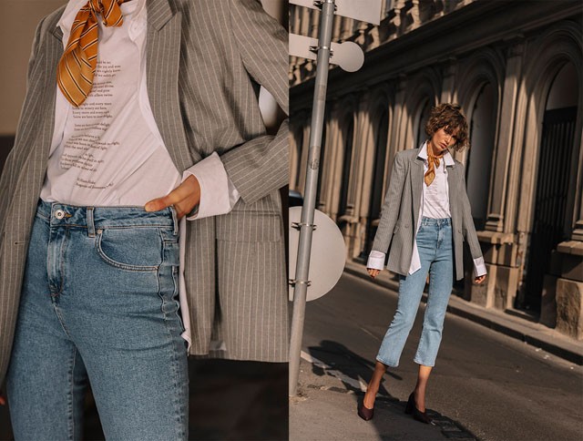 Csíkos zakó  16995Bővülő szárú farmer  9995T-shirt WILLIAM BLAKE versével  1995Közepes sarkú körömcipő  9995Csíkos kendő  1995