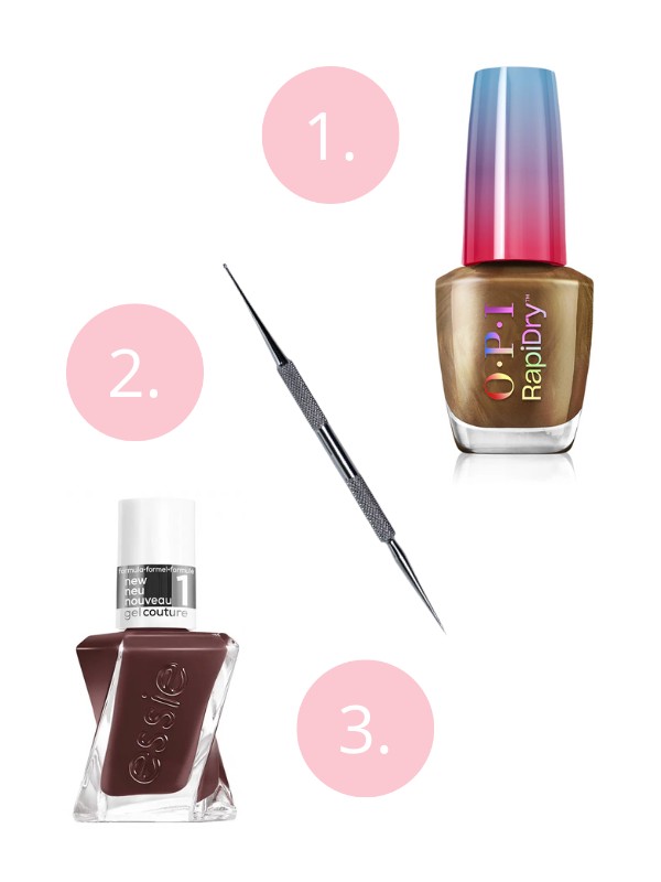 1. Rapidly körömlakk (Fast Foodie) OPI   2. Díszítő tű CRYSTAL NAILS 2590 Ft/1 db  3. Gel Couture körömlakk (All Checked Out) ESSIE 