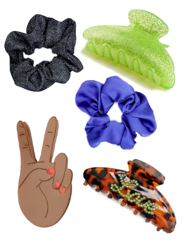 Scrunchie szett STRADIVARIUS 3295 Ft, Zöld hajcsat H&M 1495 Ft, Peace hajcsat COUCOU SUZETTE coucousuzette.com, Teknőcmintás csat PULL&BEAR 2995 Ft