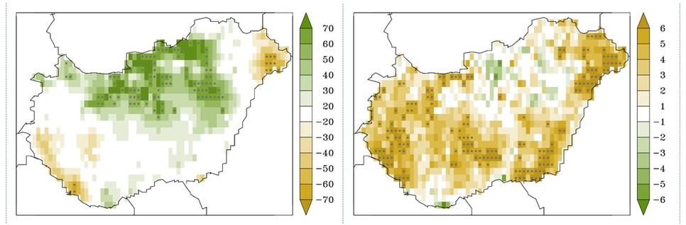 1. ábra: A tavaszi és nyári együttes csapadékösszeg [balra, mm/50 év], valamint a száraz napok tavaszi és nyári együttes összegének [jobbra, nap/50 év] trendje az 1971-2020 időszakban az Országos Meteorológiai Szolgálat mérései szerint. Szürke pöttyözés jelöli a statisztikailag szignifikánsan változó területeket. A szerzők ábrája.