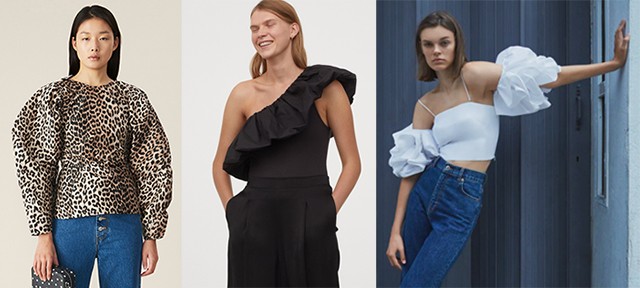 Leopárd mintás GANNI 215 euró, aszimmetrikus body H&M 8995 Ft, fodros top ZARA 14 995 Ft