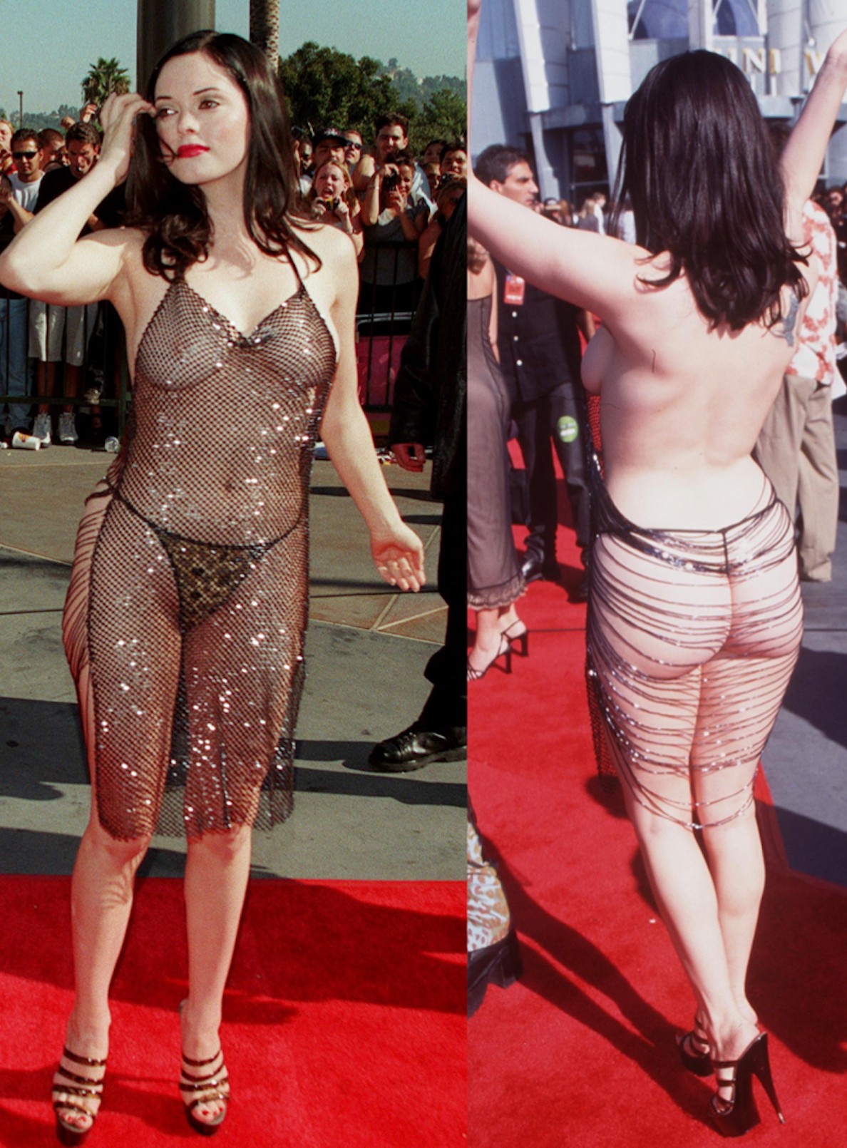 1998, Rose McGowan - A színésznő 1998-ban írta be magát az MTV Music Awards történelmébe, amikor egy gyöngyökből készült ruhában vonult végig a vörös szőnyegen. Az elsők között volt, aki bevállalta a legmerészebb pucérruhát a megosztó Y2K-korszakában.