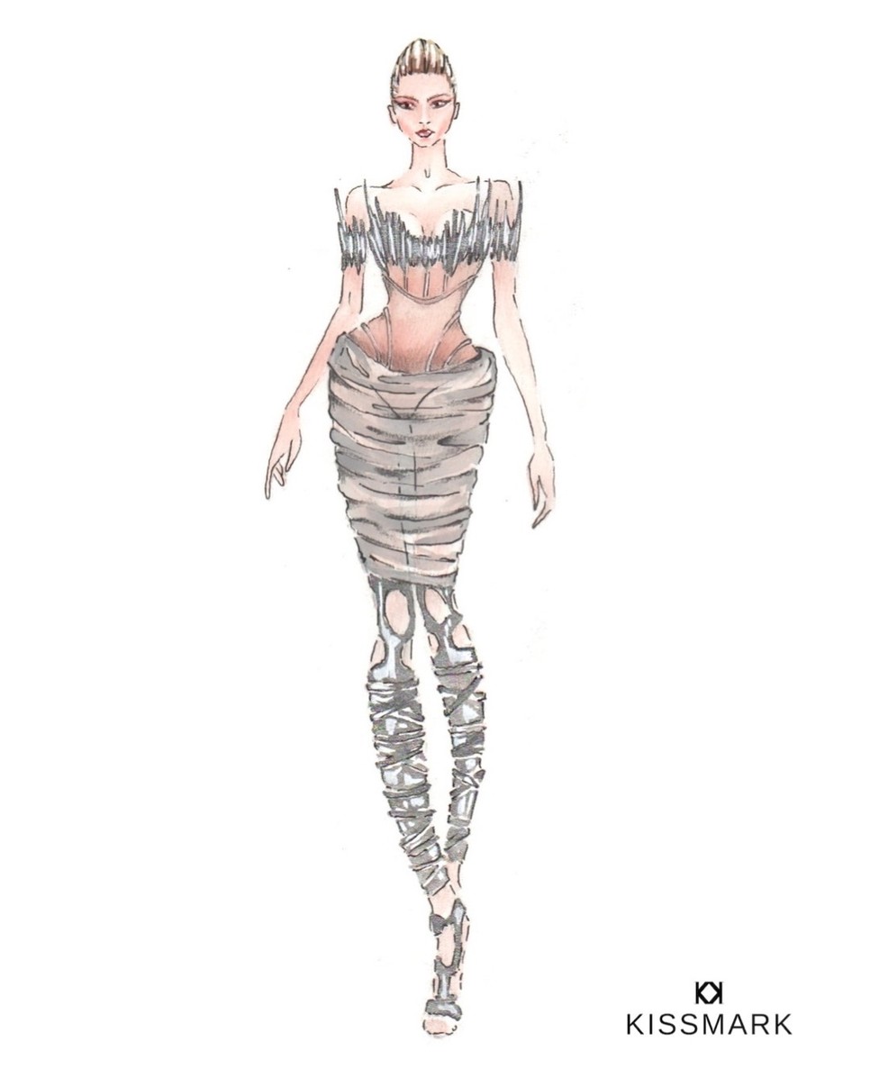 Köllő Babett Sztárban sztár leszek! ruhájának rajza, melyet Kiss Márk tervezett