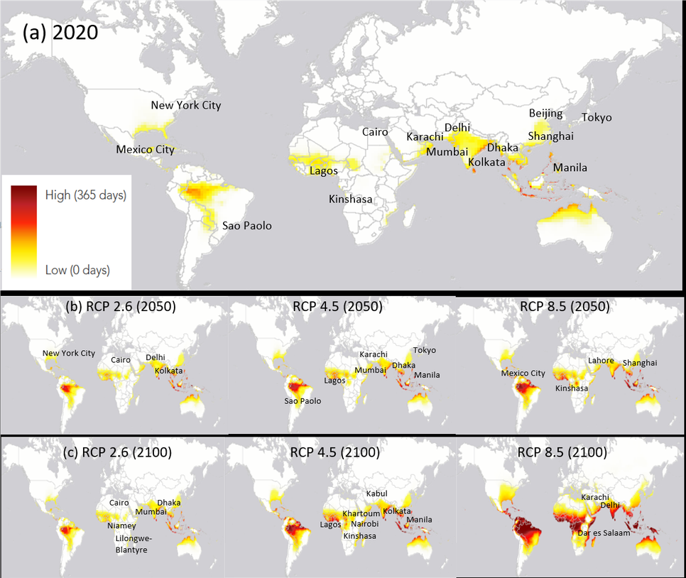 Az extrém hő miatti hipertermiának kitett populáció globális megoszlása a jelenben (a), valamint az egyes RCP szcenáriók szerinti becslés a (b.) 21. század közepén és (c.) a 21. század végén. Az árnyékolás azt jelzi, hogy egy év hány napján haladja meg a levegő hőmérséklete és páratartalma azt a közös küszöböt, amelyen túl az éghajlati viszonyok halálossá válnak, és életveszélyes kockázatot jelentenek (Mora et al., 2017b). A feltüntetett városok a tizenöt legnépesebb városi térséget mutatják 2020-ban, 2050-ben és 2100-ban (Hoornweg és Pope (2017)). (IPCC 6.3. ábra)