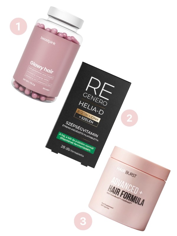 1. Glowy Hair hajvitamin BEASTPINK 5590 Ft/90 db 2. Regenero szépségvitamin HELIA-D 1699 Ft/28 db 3. Advanced+ Hair Formula hajvitamin HAIRBURST 25 880 Ft/120 db
