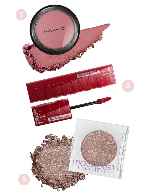 1. Powder Blush pirosító (Desert Rose) MAC 11 400 Ft - notino.hu 2. Superstay Vinyl Ink folyékony ajakrúzs (Lippy) MAYBELLINE 4700 Ft - notino.hu 3. 24/7 Moondust szemhéjfesték (Space Cowboy) URBAN DECAY 8500 Ft - notino.hu