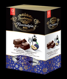 Bonbonetti Nosztalgia szilvapálinkás-csokoládékrémes étcsokoládésszaloncukor 350g  ajánlott fogyasztói ár: 1.999 Ft
