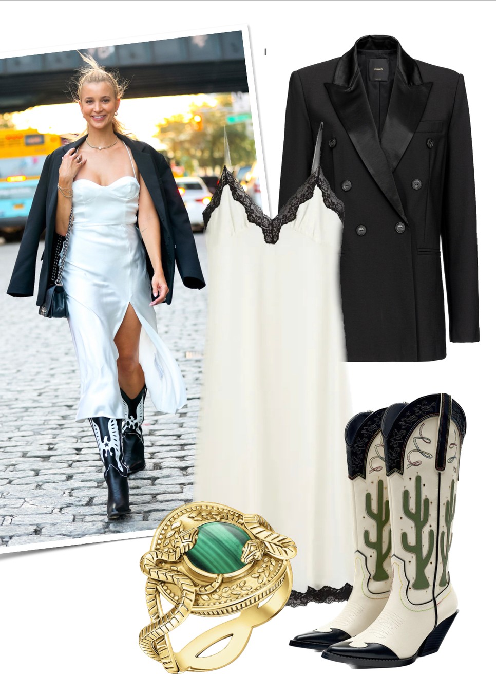 A fekete blézer és fehér ruha kombó, bármilyen alkalomra tökéletes párost alkot.