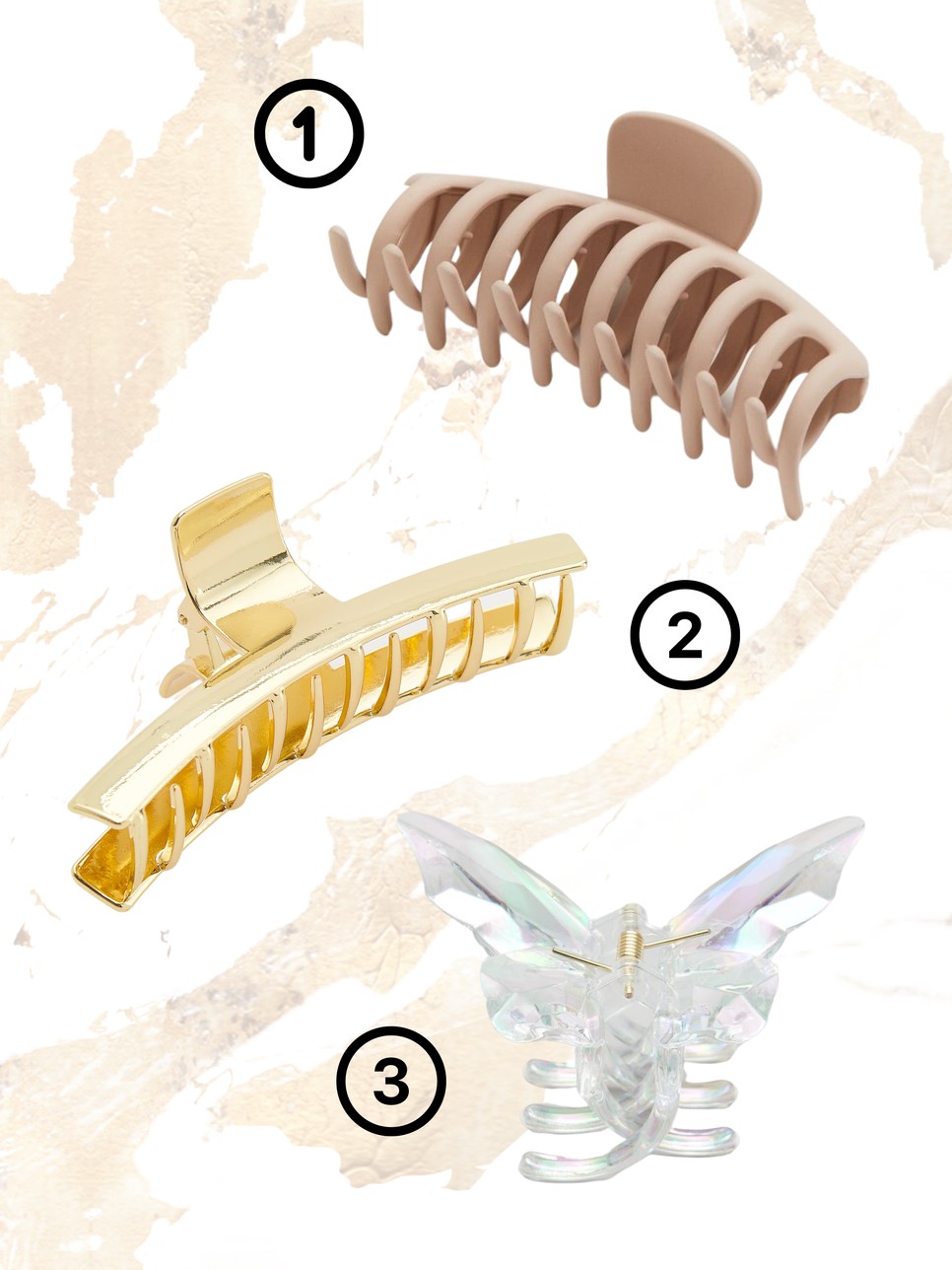 1.Nagy hajcsipesz (bézs) H&M 1295 Ft 2. Hajcsat (arany) RESERVED 3995 Ft 3. Pillangó hajcsat (többszínű) SINSAY 1295 Ft