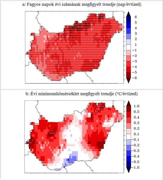 1. ábra: A fagyos napok évi számának (a) és az évi minimumhőmérsékletnek (b) a megfigyelt évtizedes trendjei az 1971-2020 időszakban. Szürke pöttyözés jelöli a statisztikailag szignifikánsan változó területeket. A szerzők ábrája.