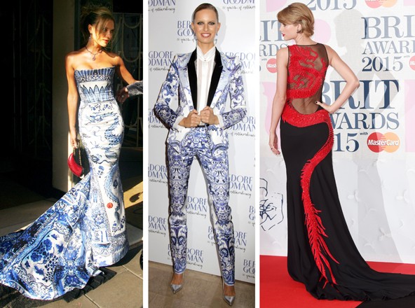 A keleti porcelánfestészet többször is megihlette Cavallit. Victoria Bckham 2005-ben, Karolina Kurkova 2012-ben viselt ilyen modellt. Taylor Swift idei kínai sárkányos ruhája pedig egyszerűen pazar. 