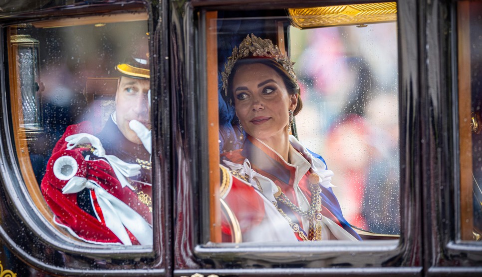 William Prince of Wales and Catherine Princess of Wales in a coach during the Coronation of King Charles III and Queen Camilla on May 6, 2023 in London, England