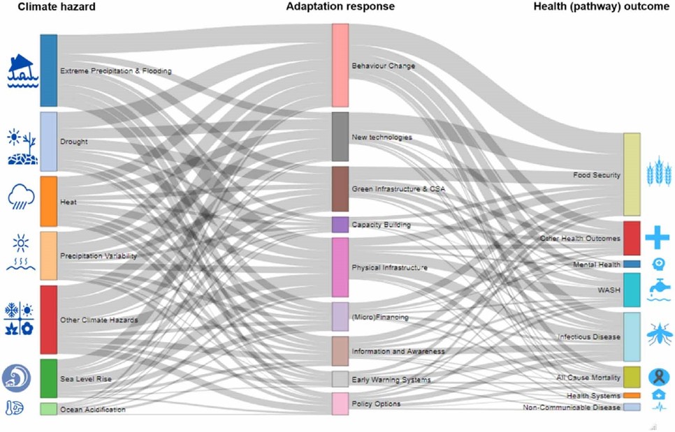Az éghajlati veszélyek, adaptációs lehetőségek és ezek egészséggel kapcsolatos hatásai. Forrás: Scheelbeek és mtsai. (2021)