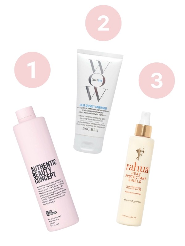 1. Glow Cleanser hajsampon színkezelt hajra AUTHENTIC BEAUTY CONCEPT - keresd a partnerszalonokban! 2. Color Security Conditioner hajbalzsam COLOR WOW 5900 Ft/75 ml (78,66 Ft/1 ml) 2. Heat Protectant Shield hővédő spray RAHUA 15 990 Ft/193 ml (82,84 Ft/1 ml)