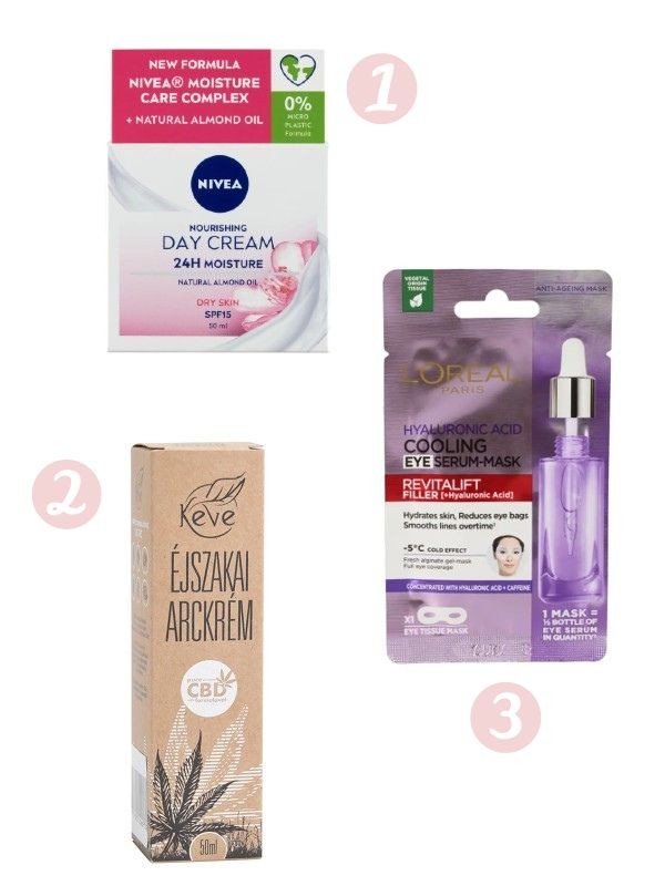 1. Essentials tápláló nappali arckrém NIVEA 1799 Ft/50 ml (35,98 Ft/1 ml) a Rossmann üzleteiben és online, GLAMOUR kuponnal, 40% kedvezménnyel 1079,4 Ft 2. CBD éjszakai arckrém KEVE 4999 Ft/50 ml (99,98 Ft/1 ml) a Rossmann üzleteiben és online, GLAMOUR kuponnal, 25% kedvezménnyel 3749,25 Ft 3. Revitalift Filler szemkörnyék maszk L'ORÉAL PARIS 1599 Ft a Rossmann üzleteiben és online, GLAMOUR kuponnal, 30% kedvezménnyel 1119,3 Ft