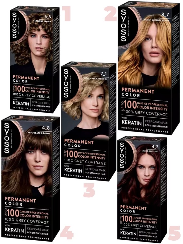 Color tartós hajfesték SYOSS 2249 Ft (1. Mogyoró barna, 2. Mézszőke, 3. Természetes középszőke, 4. Csokoládé barna, 5. Mahagóni vörös)