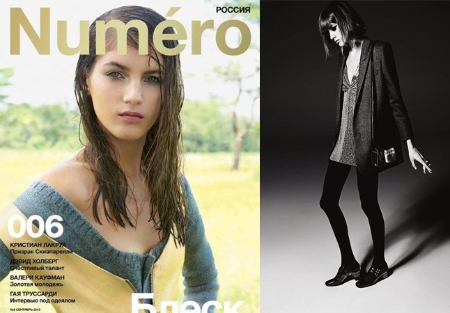 Bal oldal: Valery Kaufman az orosz Numéro címlapján, mellette: a topmodell a Saint Laurent Paris kampányában