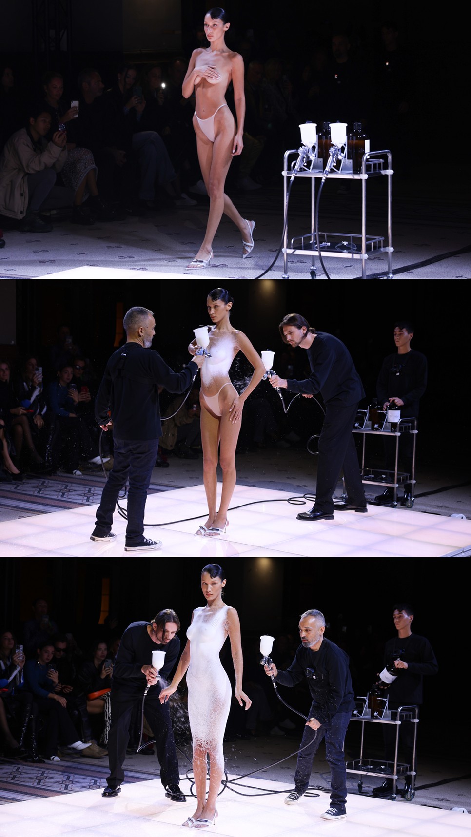 Bella Hadid testére ráfújtak egy ruhát a Coperni párizsi bemutatóján | Fotók: Pierre Suu