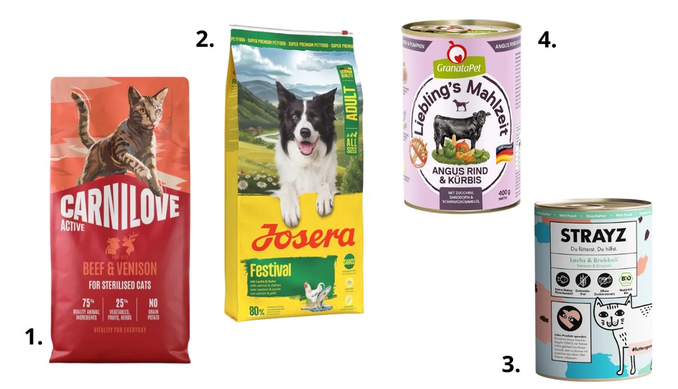 Carnilove Active Adult Sterilised marha & vad, 22 790 Ft (6 kg), Josera Adult Festival Salmon & Chicken, 17 290 Ft (12,5 kg), STRAYZ BIO 6 x 400 g, 14 890 Ft, Granatapet Liebling's Mahlzeit 6 x 400 g, 7290 Ft
