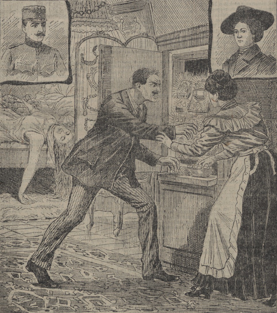 A budai rablógyilkosok munkában. A Kis Ujság címlapi illusztrációja, 1914. január 14.