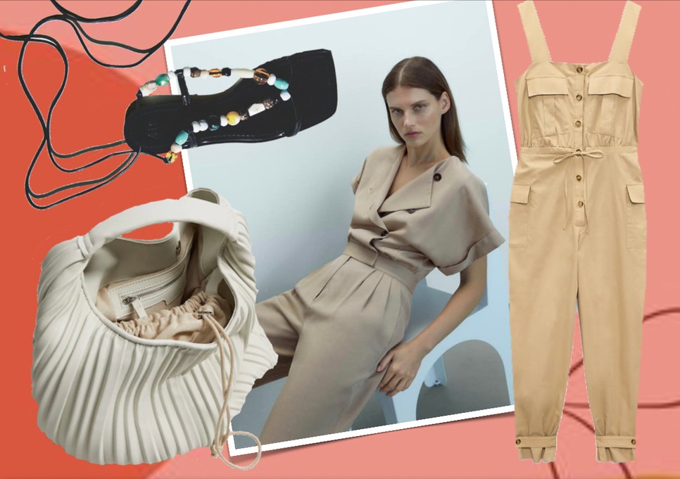 Puplin overall ZARA 15995 Ft, Pliszírozott táska MANGO 9995 Ft, Gyöngyös saru ZARA 9995 Ft