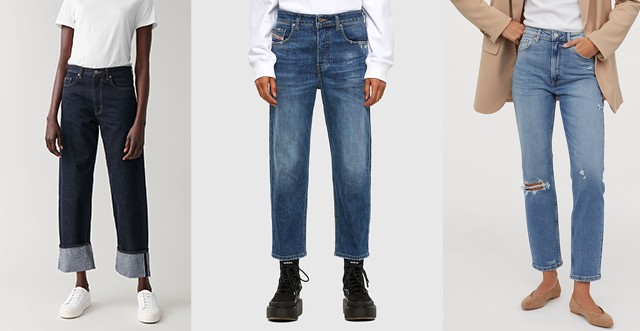 Indigó COS 28 000 Ft, koptatott DIESEL 147 euró, szaggatott H&M 9995 Ft