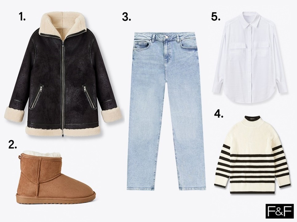 1.Műszőrrel bélelt irhakabát, 29 900 Ft 2.Műszőrrel bélelt csizma, 8990 Ft 3.Egyenesszárú farmernadrág, 11 490 Ft 4.Kötött pulóver, 11 490 Ft 5.Ing, 8990 Ft