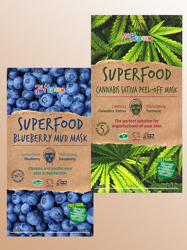 Superfood áfonya iszappakolás 7H HEAVEN 899 Ft, Superfood kender peel-off maszk 7TH HEAVEN 899 Ft