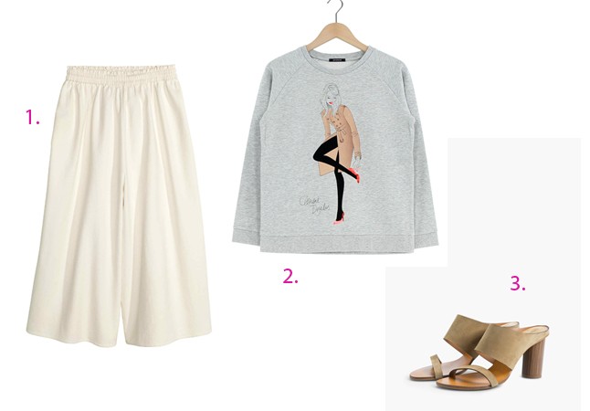 1: Gumis derekú nadrág H&M 9990 Ft - 2: Pamutpulóver PROMOD 9995 Ft  - 3: Bőr papucs MANGO 22995 Ft