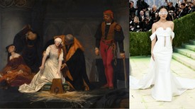 Rachel Zegler a drámaiság csúcsát képviselte Prabal Gurung ruhájában, amely Paul Delaroche Lady Jane Grey kivégzése című festményét elevenítette meg. Az alkotás a 17 éves „kilencnapos királynő” halála előtti utolsó, tragikus pillanatait örökíti meg. Zegler megjelenésében a selyem szemkötő nem csupán kiegészítő volt. Egyszerre szimbolizálta az uralkodónő ártatlanságát és teljes kiszolgáltatottságát, miközben a ruha szabása a festményen látható viktoriánus korabeli historizáló stílust követte.