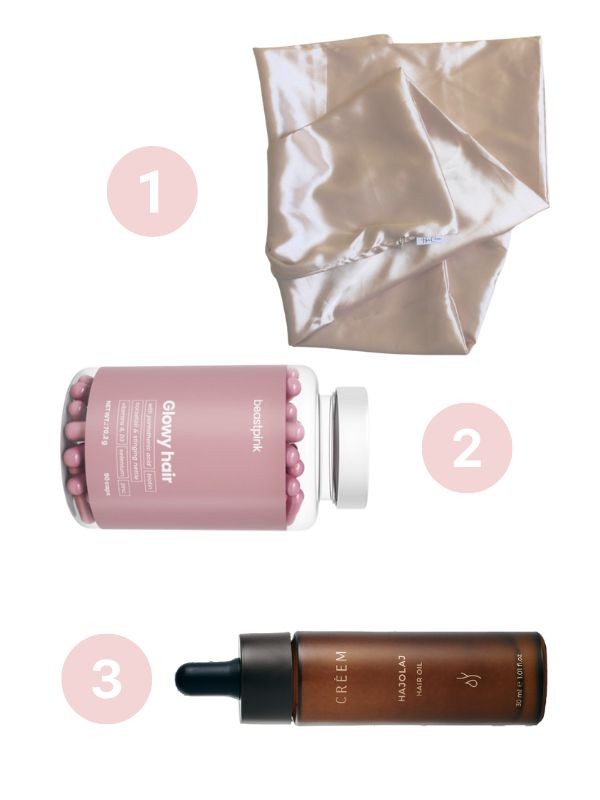 1. Szatén párnahuzat (pasztell) HER CARE 3990 Ft 2. Glowy Hair hajvitamin BEASTPINK 5590 Ft/90 db 3. Hajolaj CRÈEM ORGANICS 4790/30 ml
