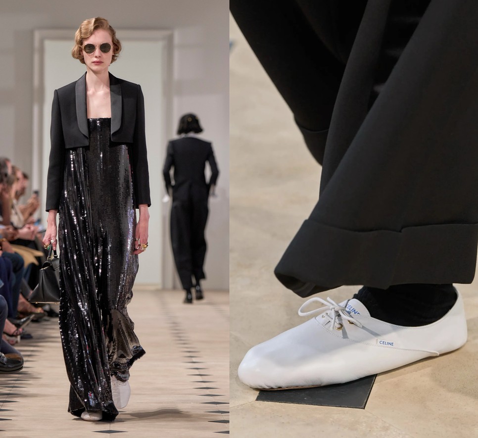 Az estélyiruha és a lazább stílusú oxford cipő kontrasztja nagyon izgalmas